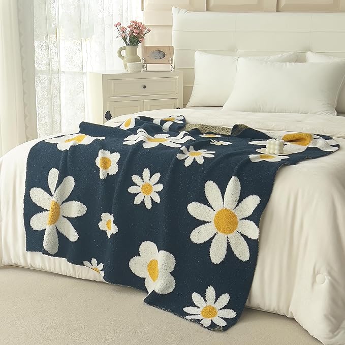 Ultra Soft Cozy Daisy Sunflower Knitted Throw Blanket Fluffy Microfiber Checkerboard Bed Blanket Lightweight Both Sides Blanket for Couch Sofa Bed (Daisy Bule, Throw 50“x60”)