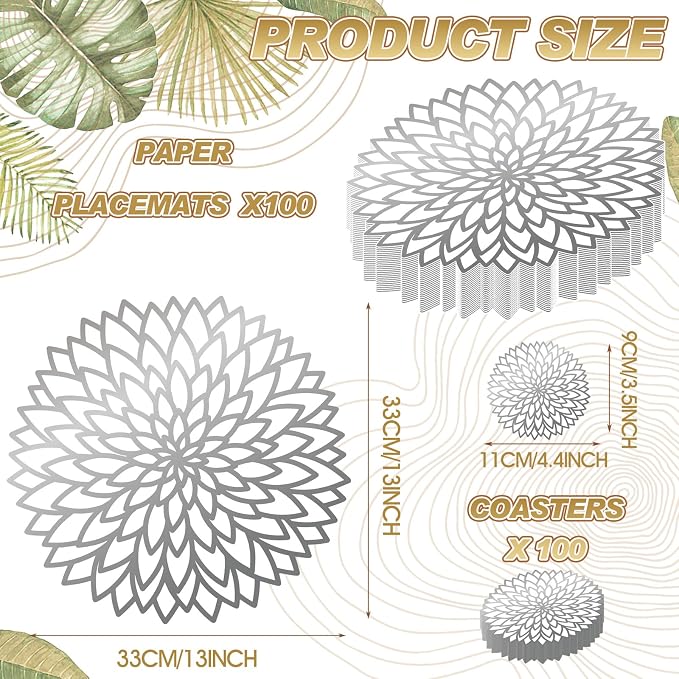 Geosar 200 Pcs Silver Metallic Disposable Paper Placemats Set 13 Inch | With Coasters for Drinks, Charger Size Fits Plates, Summer Hawaiian Luau Placemat for Wedding Bridal Shower Birthday