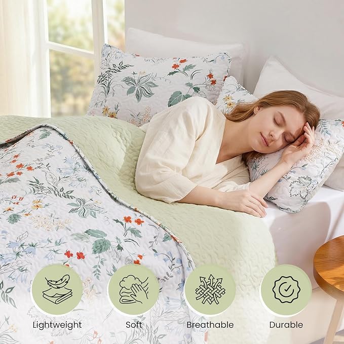 EXQ Home Printed Quilt Set Full Queen Size Green Leaves Bedspread Set | Bedding Set For All Season Use, Soft & Breathable Coverlet,3-Piece Set Includes 2 Shams, Machine Washable