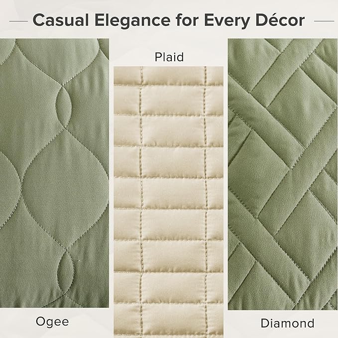 Comfort Spaces Kienna Bed Quilts King Size 3P, 104"x90" Olive Green Diamond | Soft Cozy Lightweight Summer Coverlet Cal King, Quilted Bedspreads Extra Layer, Modern Casual Bedroom Decor, OEKO-TEX