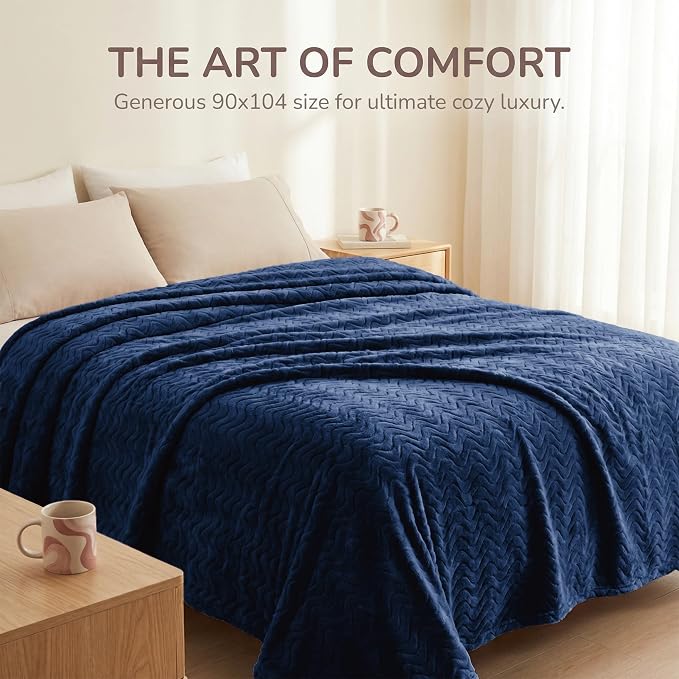 Exclusivo Mezcla Soft Fleece Blanket Twin Size for Bed, Sofa, Navy Blue | 90"x66" Breathable Lightweight Flannel Blanket for Summer, Plush Cozy Jacquard Wave for Home Decor