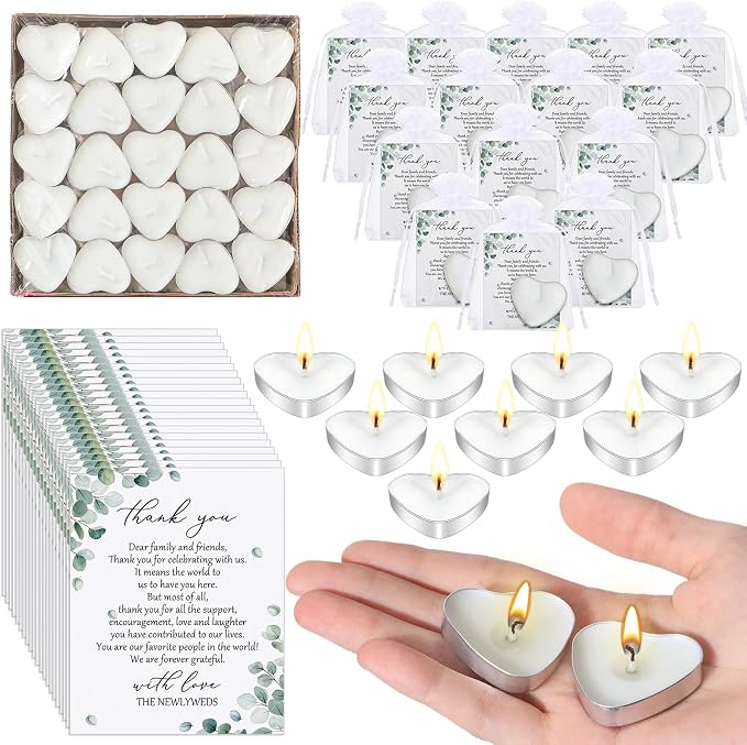 Threlaco 50 Sets Wedding Favors for Guests Bulk Mini Heart Shaped Candles Wedding Party Favors for Guests with Thank You Cards and Organza Bags Bridal Shower Party Souvenir Candle Gifts