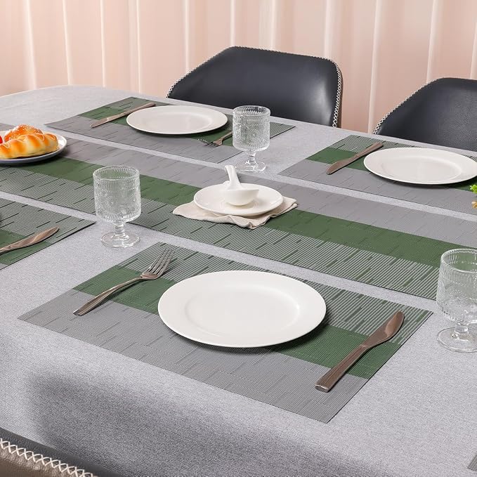 Placemats Set of 6, Vinyl Woven Heat-Resistant Place Mats | Washable Wipeable PVC Table Mats, Non Slip Placemat for Kitchen Dining Indoor Outdoor Table (Gray Sage Green, Set of 6)