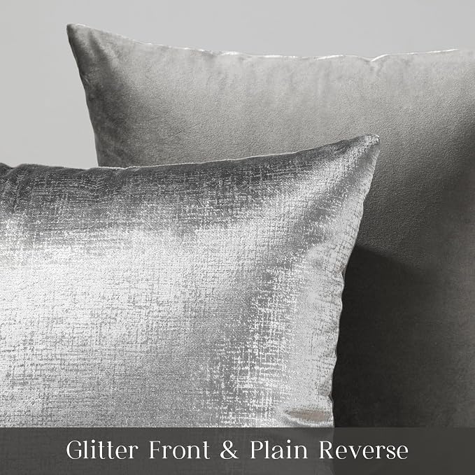 Phantoscope Pack of 2 Sparkling Velvet Decorative Solid Throw Decorative Pillow Cover Soft Silver Glitter Square Cushion Cover Pillowcase for Couch Bed and Chair, Gray, 12 x 20 inches, 30 x 50 cm