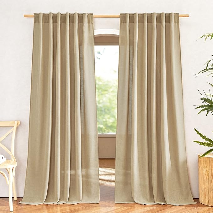 NICETOWN Linen Brown Curtains & Drapes Privacy with Light Filtering, Rod Pocket & Back Tab Flax Linen Burlap Window Treatments Vertical Drapes for Bedroom/Living Room, W52 x L84, 2 Panels
