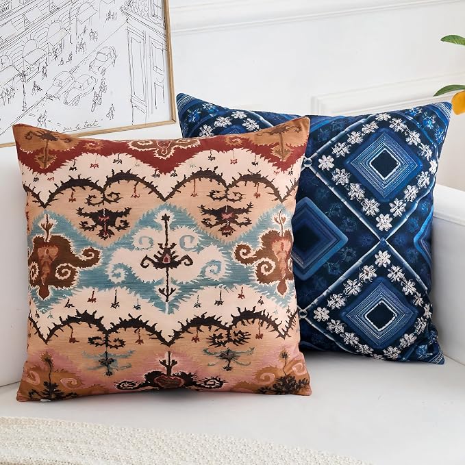 Couch Bohemian Patterned Throw Pillow Covers 18X18 Inch Set of 4 Square Farmhouse Decorative Cushion Covers Boho Vintage Pillow Cases for Sofa Living Room Bedroom Outdoor Patio Porch