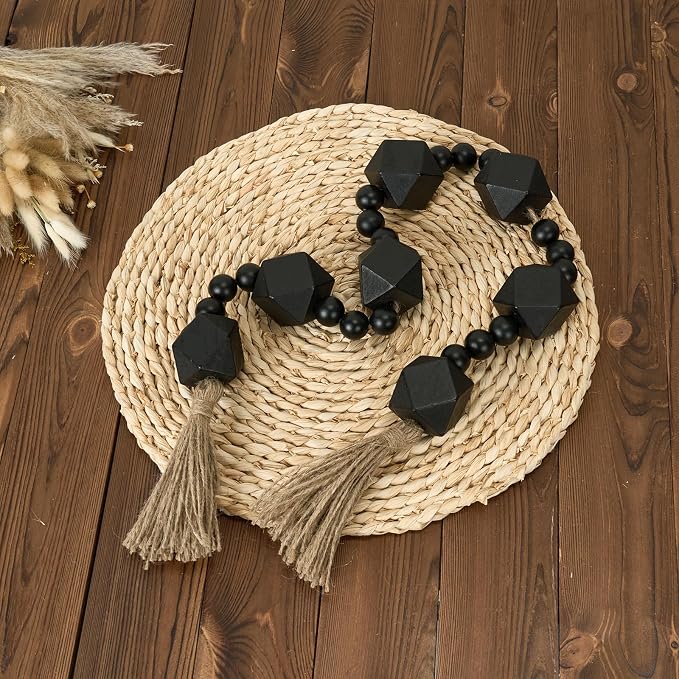 2" Octagonal Extra Large Wood Bead Garland with Tassels, 42" Long Rustic Farmhouse Wooden Beads Garland with Tassels, Decorative Beads Boho Decorations for Home Table Mantle Black