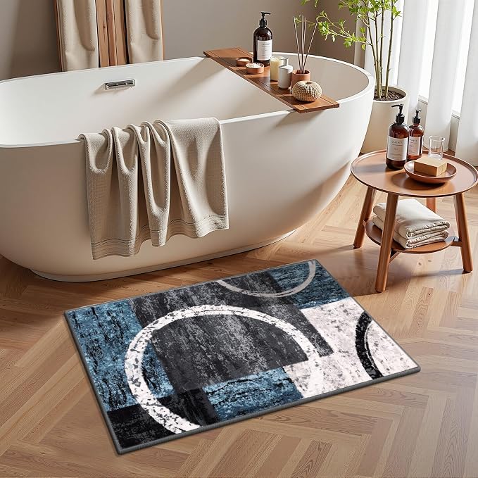 Yamaziot 2x3 Washable Modern Abstract Area Rug Non-Slip Entryway Rug | Stain Resistant Kitchen Rug with Rubber Backing, Low Pile, Ultra Soft Carpet Rug for Bedroom, Laundry, Entryway, Blue