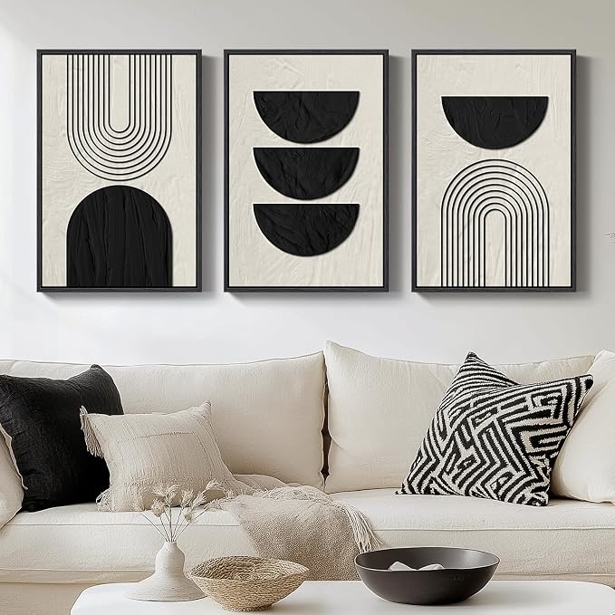 Framed Boho Black and White Abstract Wall Art Set, 3 Piece Canvas Prints | Black Beige Paintins, Modern Minimalist Artwork, Geometric Pictures, Living Room Bedroom Hallway Office Wall Decor 16x24 Inch