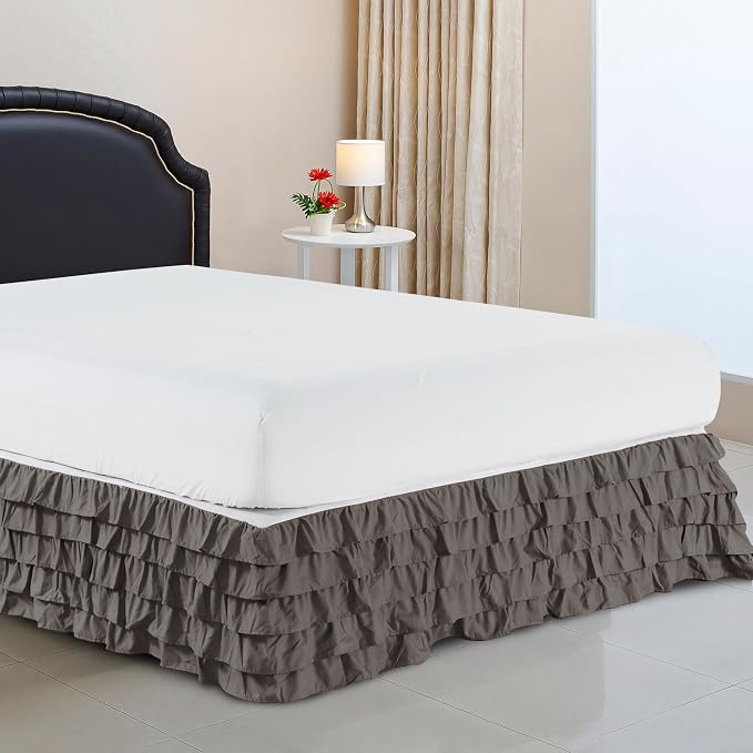 Elegant Comfort Luxurious Premium Quality 1500 Thread Count Wrinkle and Fade Resistant Egyptian Quality Microfiber Multi-Ruffle Bed Skirt - 15inch Drop, Queen, Grey