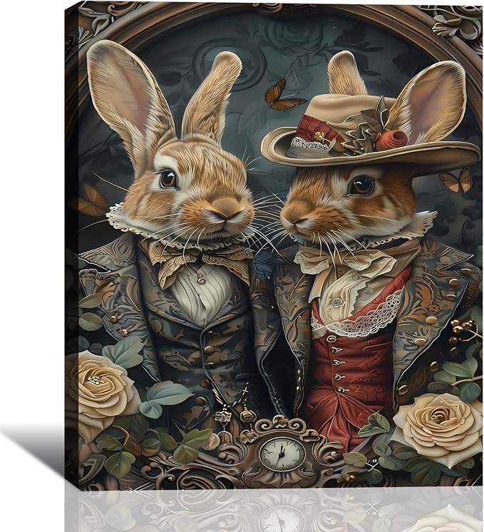 Large Elegant Easter Bunny Canvas Wall Art 24x36, Retro Dress Up Couple Rabbit Pictures Wall Decor Funny Poster Prints for Office Easter Decorations Home Bathroom Bedroom Artwork