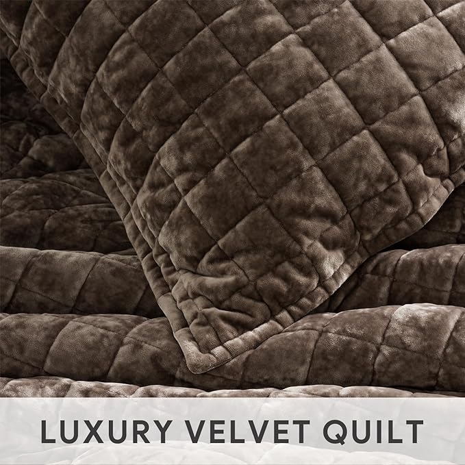 RECYCO Velvet Quilt Set, Oversized California King 118"x106", Walnut Brown | Channel Box Stitch Velvet Comforter Set, Ultra Soft Lightweight Bedspread Coverlet, All Season Bedding Set, with 2 Shams