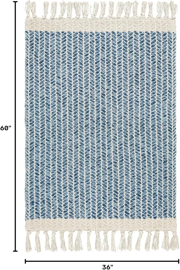 Lahome Boho Bathroom Rugs, 3x5 Washable Area Rug for Kitchen Bedroom Entry | Bath Door Mat with Tassels Woven Cotton, Farmhouse Blue Non Shedding Throw Carpet for Entryway Living Room Dorm Camper Rv
