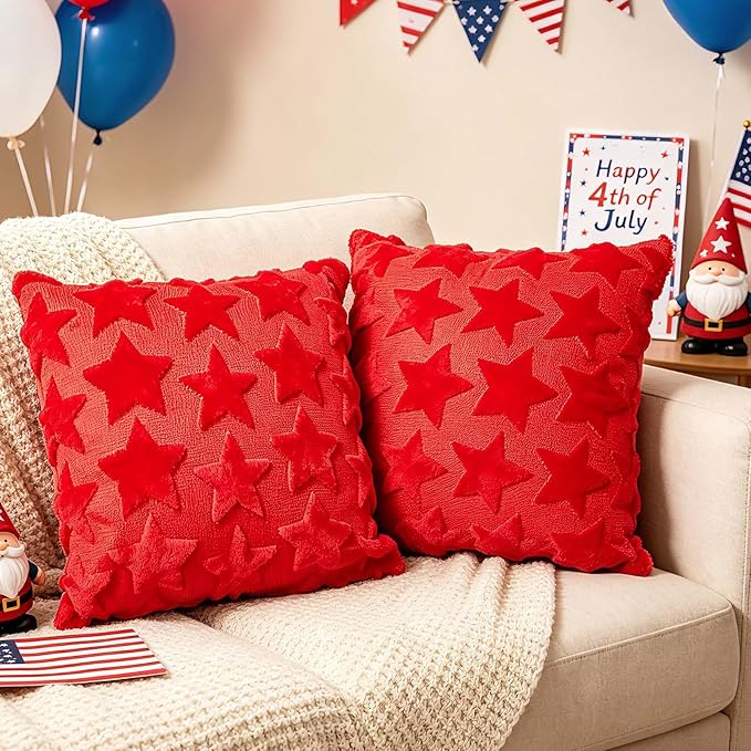 4th of July Decorations Pillow Covers 18x18 inch Set of 2 Red Embroidery Star Decoration Soft Plush Faux Fur Jacquard Throw Pillows Independence Memorial Day for Home Sofa Farmhouse Decorations