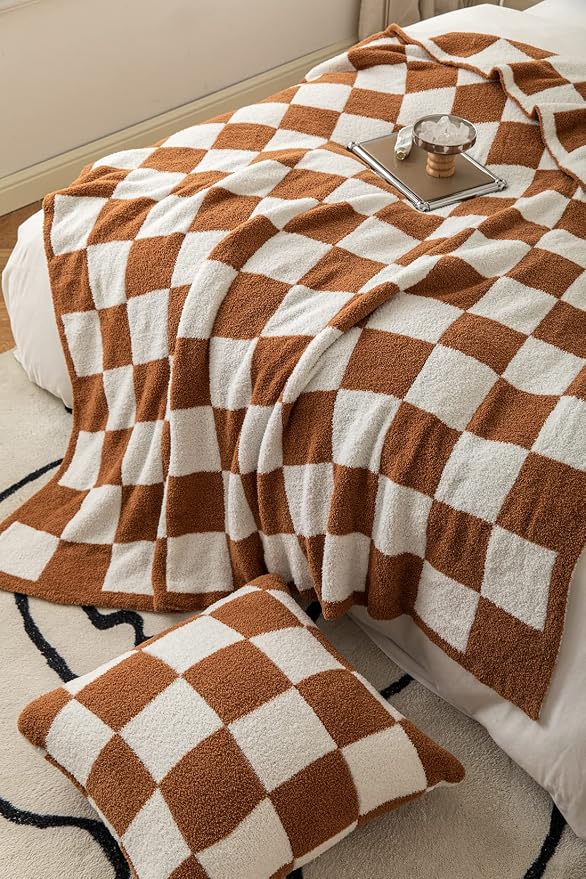 Ultra-Soft Buffalo Checkerboard Grid Fluffy Microfiber Knitted Throw Blanket Super Cozy Lightweight Checkered Bed Blanket for Sofa Couch Bed Khaki 51"X63"