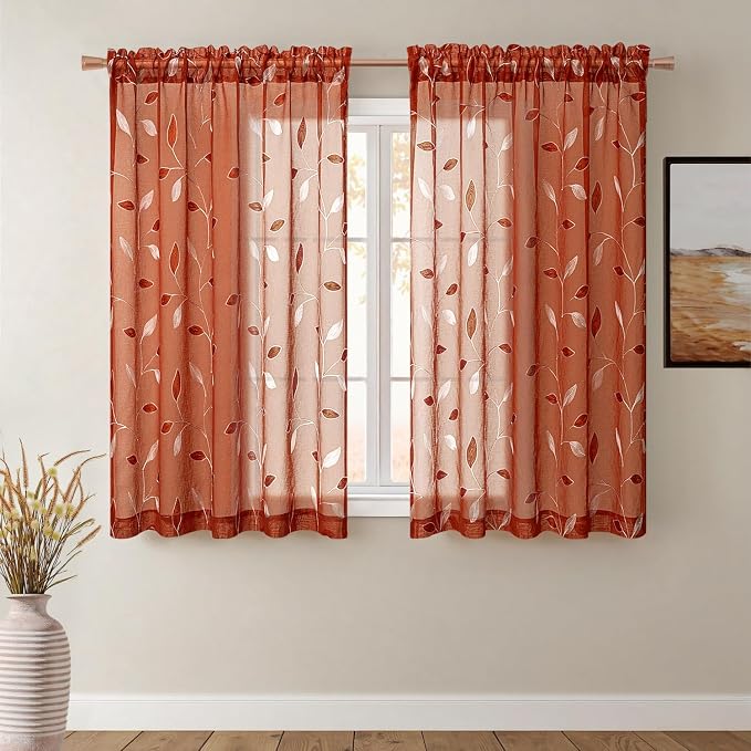 MIULEE Terracotta Sheer Fall Curtains 2 Panels Leaf Patterned, W52 x L54 | Burnt Orange,Rod Pocket,Floral,Semi Faux Linen,Short Window Drapes Set for Kitchen/Living Room/Bedroom