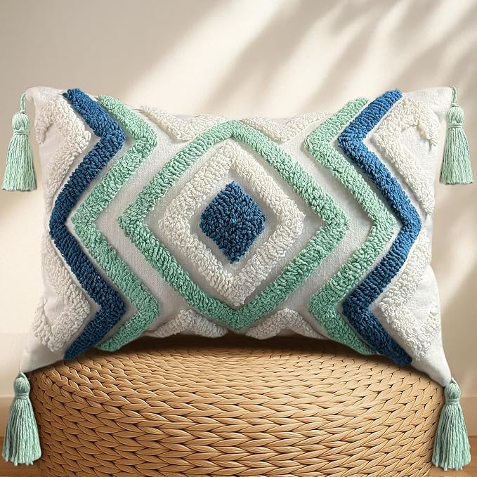 Lumbar Pillow Covers 12x20 - Tufted Decorative Throw Pillow Cover with Zipper for Couch Sofa Bed Living Room Aesthetic Tassels Textured Striped Farmhouse Oblong Pillowcases, Green Blue Rhomb