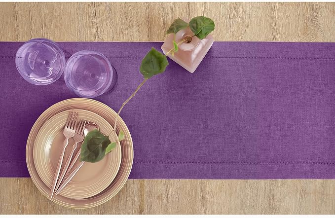 Solino Home 100% Pure Linen Dining Table Runner Purple Woven, 14 x 144 in | Classic Hemstitch, brings a tailored look to family meals and hosting, hemstitched border, soft, fine, OEKO-TEX Certified