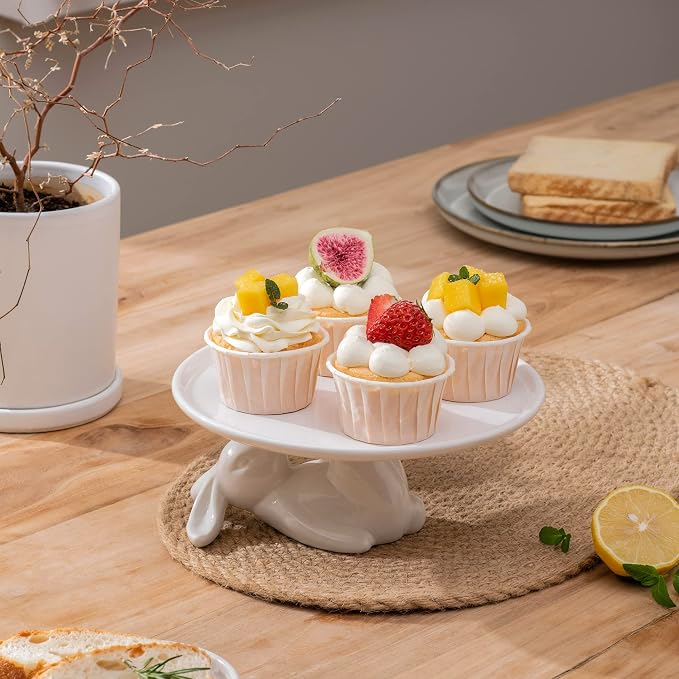 Pedestal Cake Stand, White Ceramic Bunny Plate for Easter,Fits 6-8 In Cakes | Cute Rabbit Dessert Stand Plate for Easter Eggs, Cupcakes, Cookies Fruit, Bunny Decor for Easter Parties and Festivals 8.3 In