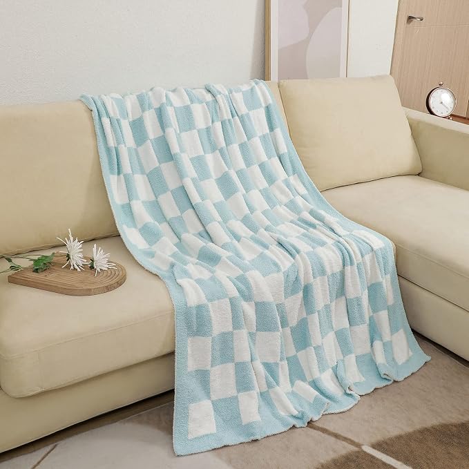 bearberry Soft Plush Throw Blanket for Couch, Cozy Warm & Lightweight | Knitted Fluffy Checkered Comfort Home Decor Gift for Women Mom Her, Sofa Chair Bed, 60x80in, Blue