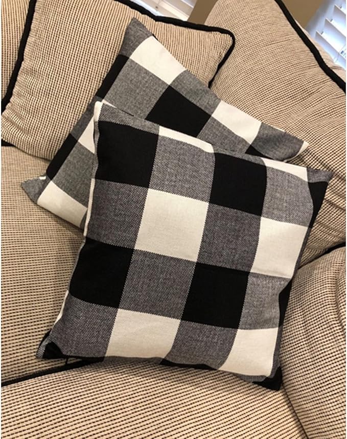 VAKADO Outdoor Plaid Throw Pillow Covers 18x18 Set of 2, Black & White | Buffalo check polyester, hidden zipper. Farmhouse gingham decor for porch, patio, outdoor & classroom. Machine washable.