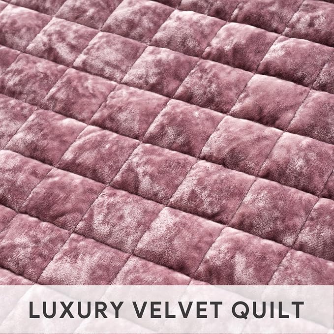 RECYCO Channel Box Stitch Velvet Quilt Set, King Size, Dusty Mauve Pink | Ultra Soft Lightweight Velvet Comforter, Luxury Oversized Bedspread Coverlet, Quilted Bedding Set for All Season with 2 Shams