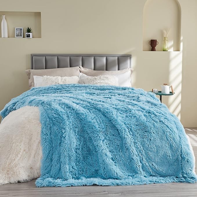 GONAAP Fuzzy Faux Fur Queen Blanket for Couch, Sky Blue, 90"x90" | Warm Cozy Plush Shaggy Decorative Reversible Thick Non-Heated Fleece Blanket for Sofa Bed, Gift for Women Men, All Season Use