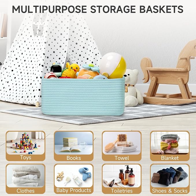3 Pack Storage Baskets for Organizing, 13.7×9.5×6.3", Light Blue | Woven Baskets for Shelves, Cotton Rope Basket for Gifts Empty, Closet Organizer Bins with Handles, Cube Decorative Box