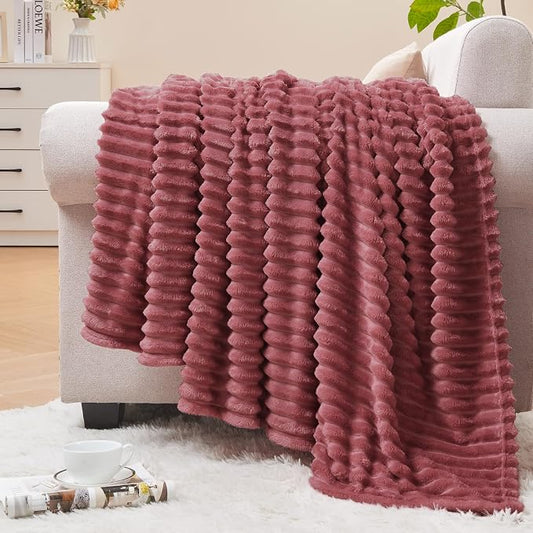 BEDELITE Ribbed Jacquard Brick Dust Fleece Twin Blanket for Bed, 60x80 Inch | Soft Warm Decorative Fluffy Blanket, Cozy Plush Lightweight Fuzzy Throw Blanket for Couch Sofa Room Decor, Gift for Women