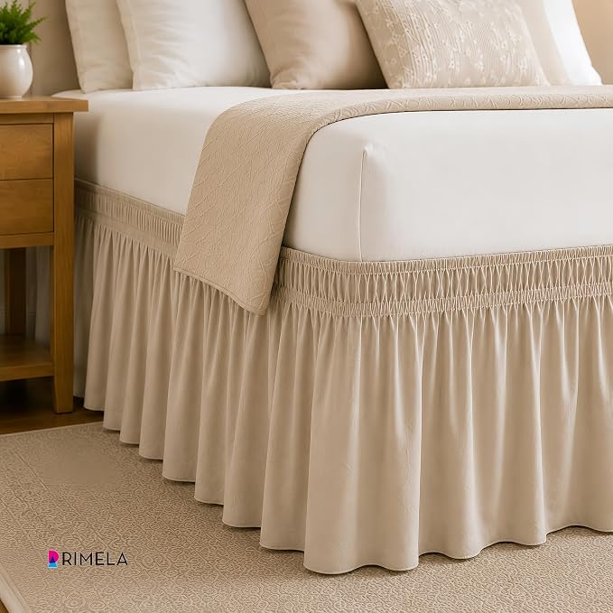 Light Camel Bed Skirt Queen Size 15" Drop, Elastic Wrap Around Bedskirt | Solid Ruffled, Easy to Use, No Mattress Lifting, Wrinkle & Fade Resistant, with Adhesive Strips, Machine Wash/Dry/Iron
