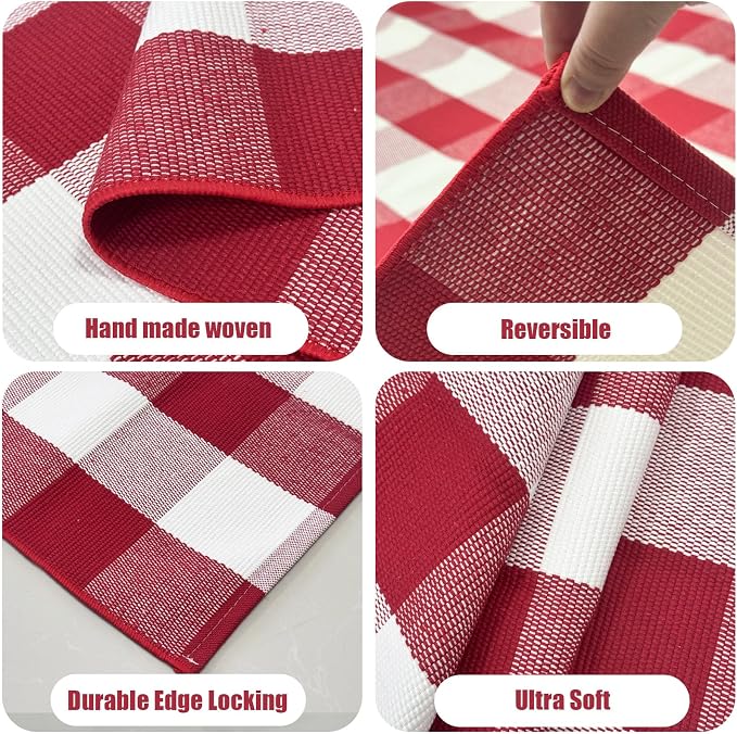 USTIDE Buffalo Plaid Rug Red & White Check Indoor/Outdoor Floor Mat 27.5"x43.3" Christmas Layering Doormat for Hello/Welcome Hand Woven Cotton Area Rug for Front Door Porch Kitchen