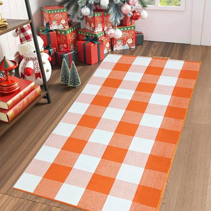 USTIDE Cotton Buffalo Plaid Rug Orange White Check Rugs 2'x4'3" Hand-Woven Indoor or Outdoor Rugs for Layered Door Mats Washable Carpet for Front Porch/Kitchen/Farmhouse/Entryway