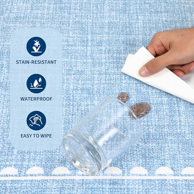 COZYLOOM Large Area Rug 9x12 Nursery Rugs Machine Washable Area Rugs for Living Room, Non Slip Stain Resistant Scalloped Bow Carpet, Non Shedding Low Pile Solid Mats for Bedroom, Dining Room, Blue