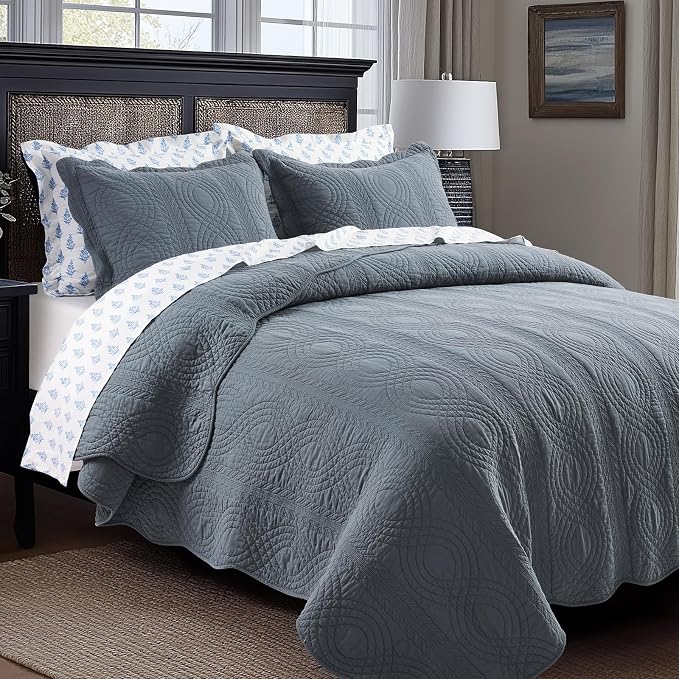 EverGrace 100% Cotton Scallop Quilt Set, King Size, Stormy Blue | Scalloped Border, Timeless Chic Aesthetic, All-Season Comfort, Perfect French Country Bedroom Decor, 3 Piece Set with 2 Shams