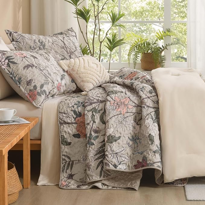 Litanika Floral Oatmeal Quilt Queen - 3Pcs Botanical Birds Bedding Set | Bedspread Summer Lightweight Soft Coverlet with Orange Flower for All Seasons (96"x90")