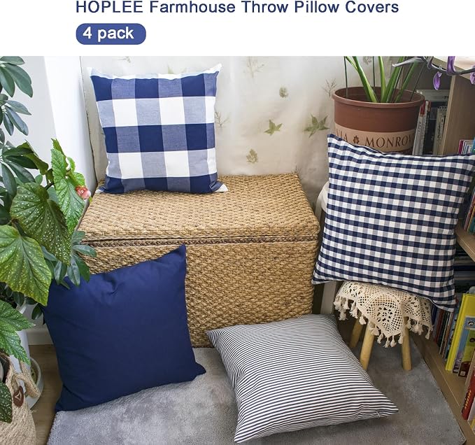HOPLEE 24x24 Pillow Cover Navy Blue Decorative Pillow Cover with Buffalo Plaid, Solid Navy Blue, Tricking Stripe and Gingham Plaid Design 24x24 Inches Set of 4