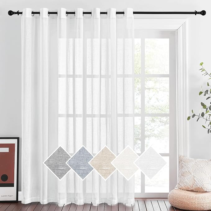 NICETOWN White Sheer Curtains for Sliding Glass Door, 100 Inch Curtains Grommet Top Elegant Flax Linen Semi Sheer Privacy Window Treatment for French Door/Bedroom/Living Room, W100 x L84, 1 Panel