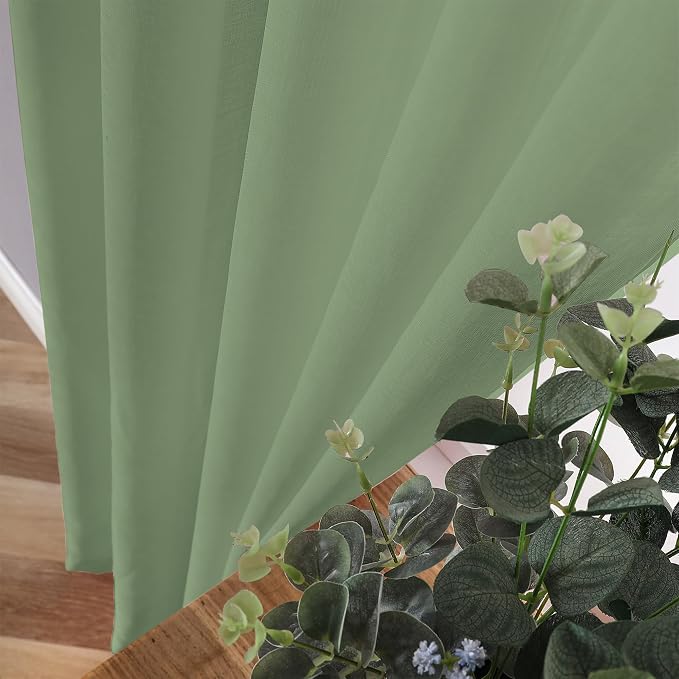 Tollpiz Sheer Curtains Linen Textured Living Room Curtain Sheers Light Filtering Rod Pocket Voile Curtains for Bedroom, 42 x 63 inches Long, Sage Green, Set of 2 Panels