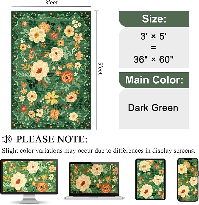 DUKINO 3x5 Area Rug, Floral Washable Rug for Bedroom Non Slip, Dark Green | Soft, Stain Resistant Low Pile Indoor Rug for Entryway, Bedroom, Bathroom, Living Room, Pet Friendly, Home Decor, Lightweight
