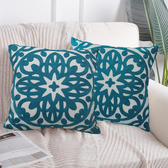 Alysheer Embroidered Decorative Throw Pillow Covers 18"x18" Set of 2 Pieces, Boho Classic Mandala Knit Pattern, Durable 100% Cotton Canvas Cushion Cases for Sofa Couch Living Room Gifts (Teal Blue)