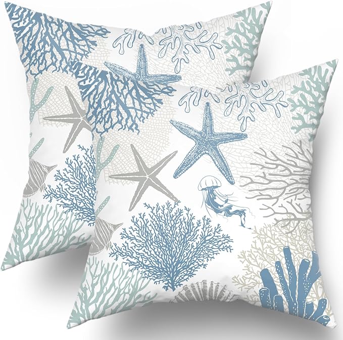 Coastal Nautical Throw Pillow Cover 18x18 inch Set of 2 Beach Themed Sea Coral Nautical Blue Pillowcases Ocean Summer Cotton Cushion Covers for Bed Sofa Room Decor