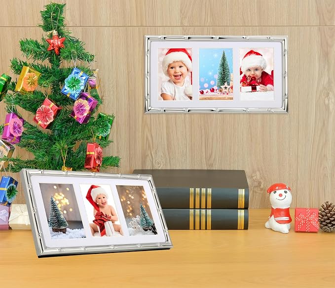 YiPinYin 3-2x3'' Silver Multi Metal Picture Frames 3 setion frame 2pack, Bamboo Detail Silver Plated Nurse Photo Frames 3-2x3'' Baby frames With Soft Velvet Backing for Desktop and Wall Décor