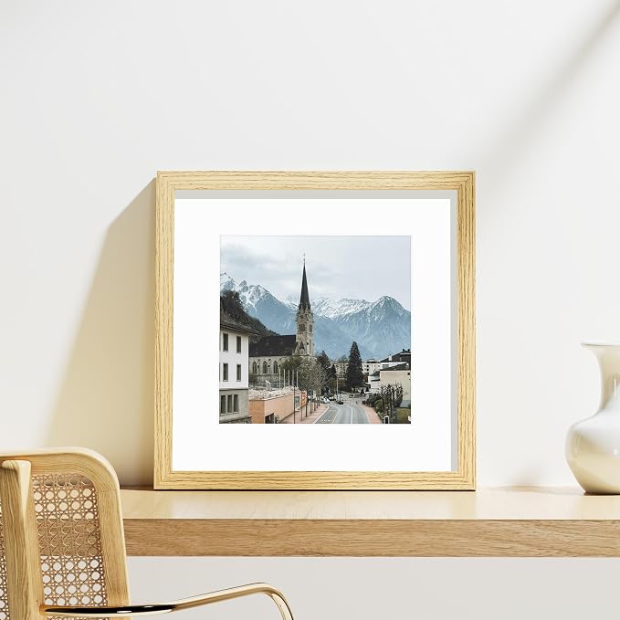 Vittanly 12x12 Picture Frames Set of 9 for Wall Mounting, OAK | Display Pictures 8x8 with Mat or 12x12 without Mat for Wall Mounting, Square Photo Frames for Home Decor, Engineered Wood