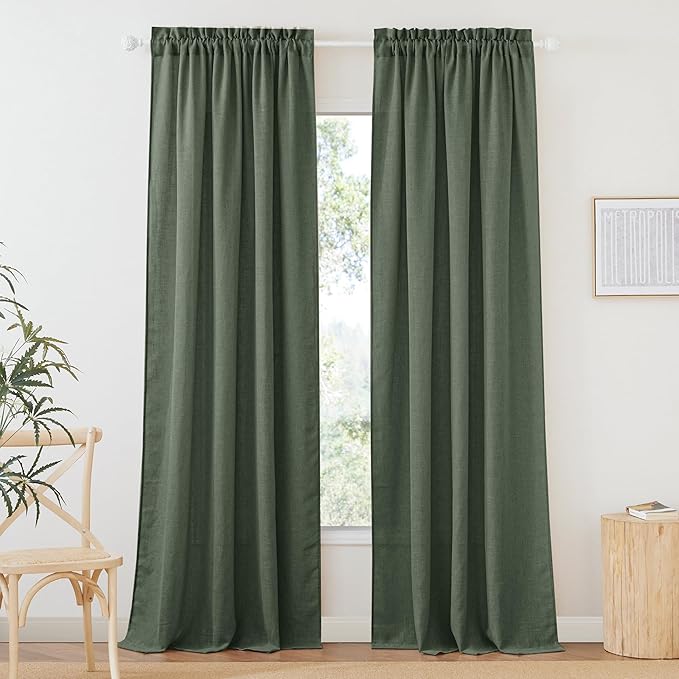 RYB HOME Spring Curtains for Living Room, Light Filtering Privacy Protection Linen Sheer Curtains for Sliding Glass Door, W 52 x L 90 inches, Hunter Green, 2 Panels Set