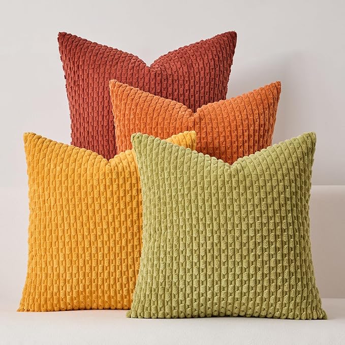 Kevin Textile Spring Decorative Pillow Covers 20x20 Inch Set of 4 Soft Boho Corduroy Throw Pillow Cases Mix and Match Colors Plush Texture Pillows for Sofa Couch Bedroom Home Decor Cream Green/Orange