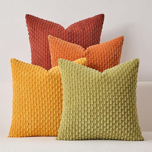 Kevin Textile Spring Decorative Pillow Covers 20x20 Inch Set of 4 Soft Boho Corduroy Throw Pillow Cases Mix and Match Colors Plush Texture Pillows for Sofa Couch Bedroom Home Decor Cream Green/Orange