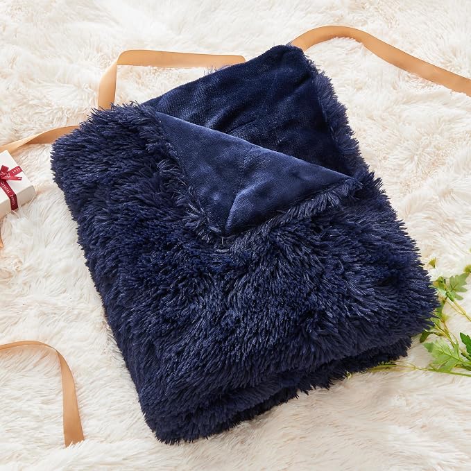 GONAAP Fuzzy Faux Fur Throw Blanket for Couch, Dark Navy, 50"x60" | Warm Cozy Plush Shaggy Decorative Reversible Thick Non-Heated Fleece Blanket for Sofa Bed, Gift for Women Men, All Season Use