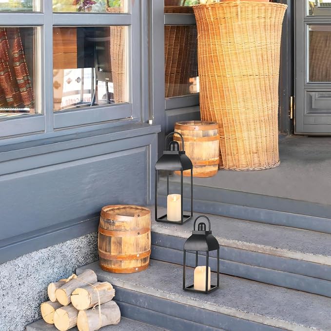 Lanterns Decorative Outdoor Indoor, 17'' 13'' Black Metal Outdoor Lanterns | Set of 2 Modern Farmhouse Candle Lantern Decor Rustic Lanterns Centerpieces for Patio, Front Porch, Mantel, Wedding, No Glass