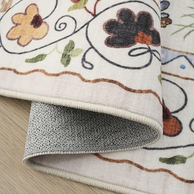 Rugcomf 2x5 Runner Rug - Floral Cat Machine Washable Kitchen Rug, Non-Slip Low Pile Boho Carpet for Hallways, Laundry, Entryway, Bedroom, Bathroom - Beige