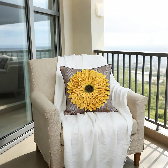OiseauVoler 3D Sunflower Throw Pillow Covers Yellow Plaid 18 x 18 Inch | Handmade Decorative Pillowcases Gingham Yellow Vintage Floral for Home Bed Living Room Decor Dog Hair Resistant Indoor